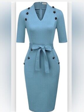 Grace Karin Blue Midi Dress Mad Men Vintage Style Belted Pockets Size Medium